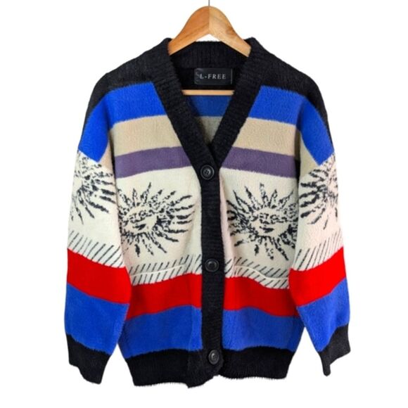 Australian Wool Blend Sun Graphic Cardigan Striped Celestial Large - Picture 1 of 10